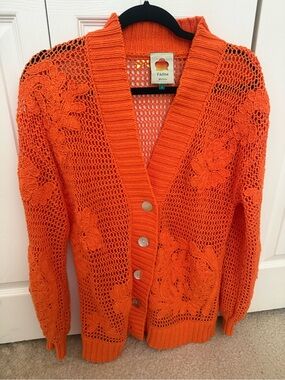 FARM Rio Orange Embroidered Knit Cardigan